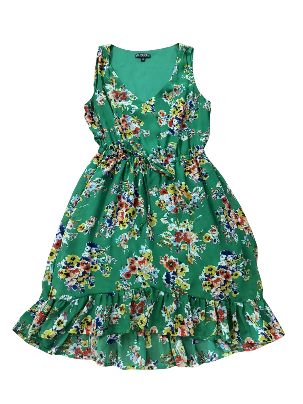 BeBop Green Floral Sleeveless Tie-Waist Ruffle Hem Dress